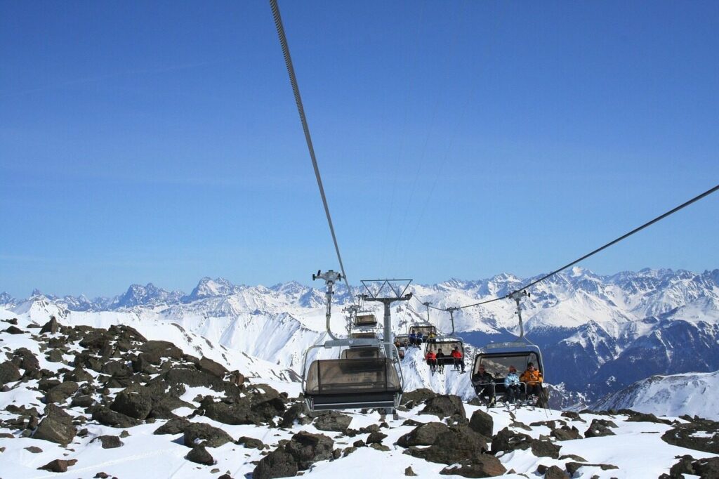 winter, snow, mountains, alps, switzerland, nature, landscape, heaven, gondola lift, cable car, gondola, cable railway, mountain station, transport, passenger traffic, passenger transport, public means of transport, valley stadium, samnaun, graubünden, panorama, sun